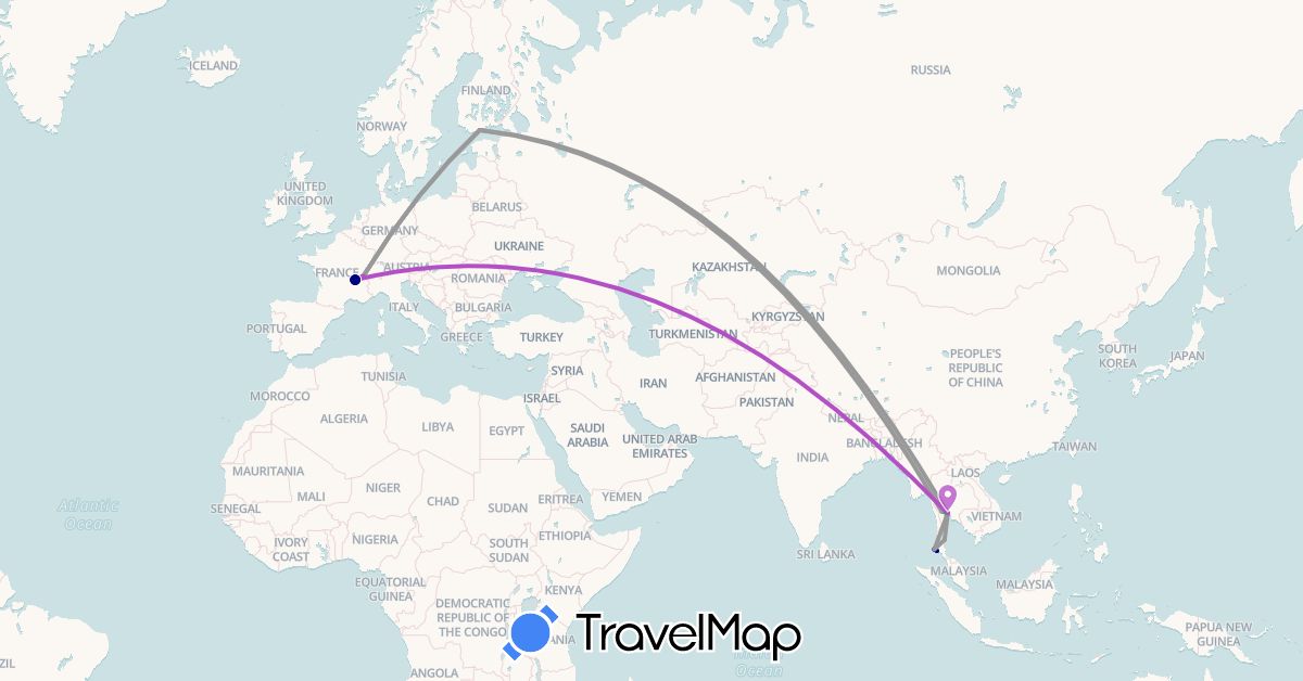 TravelMap itinerary: driving, bus, plane, train in Switzerland, Finland, France, Thailand (Asia, Europe)